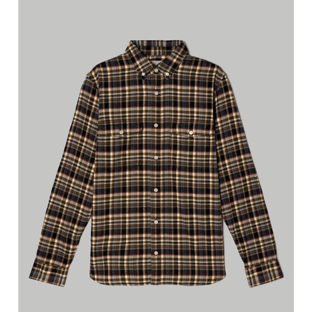 NWT Everlane Mens Flannel Shirt Large Plaid Brushed Cotton Shacket Pockets Brown